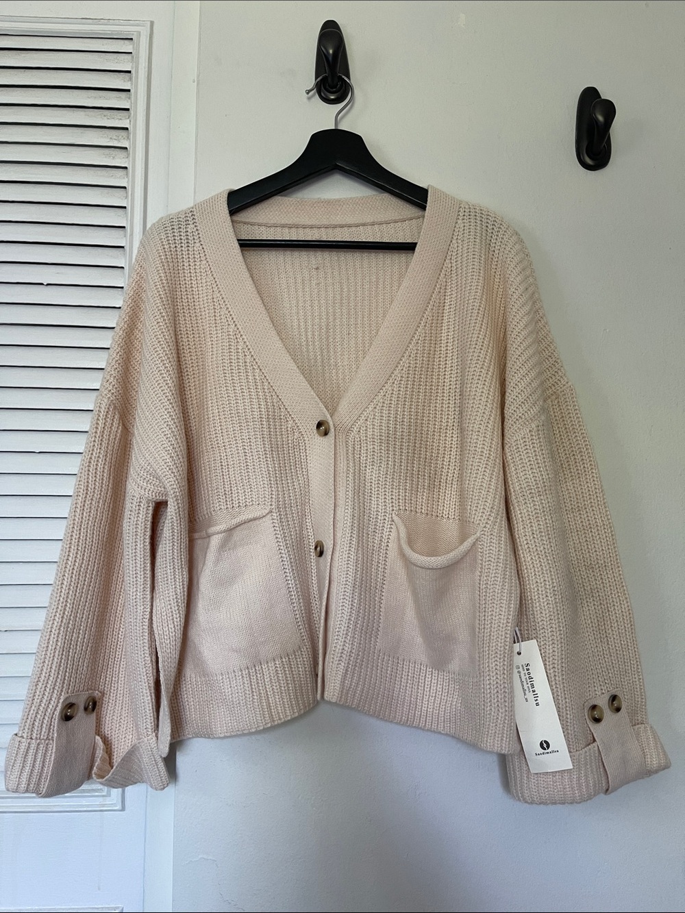 Soft Cream Waffle-Knit Button Cardigan with Patch Pockets